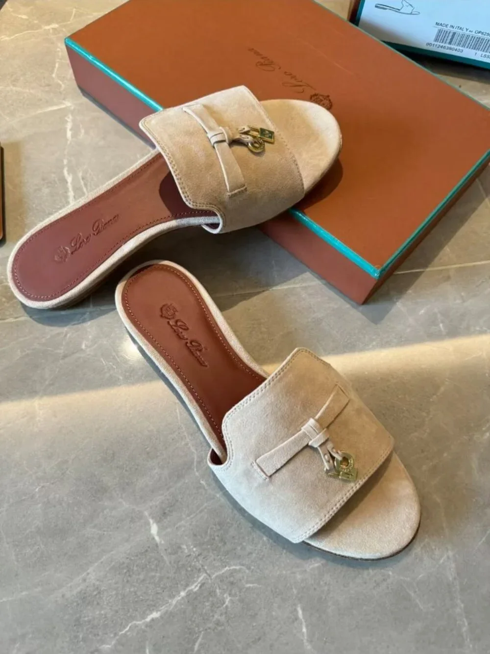 Loro Piana Beige Suede Bow Gold Lock Coin Charm Slide Sandals